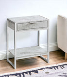 24" Silver And Gray Wood And Metal End Table With Drawer And Shelf