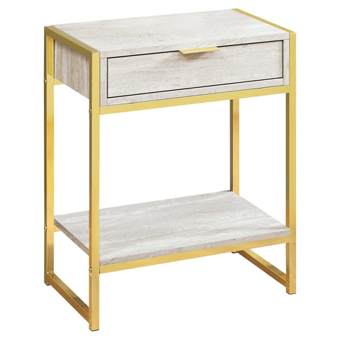 24" Gold And Beige Wood And Metal End Table With Drawer And Shelf