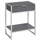 24" Silver And Gray Wood And Metal End Table With Drawer And Shelf