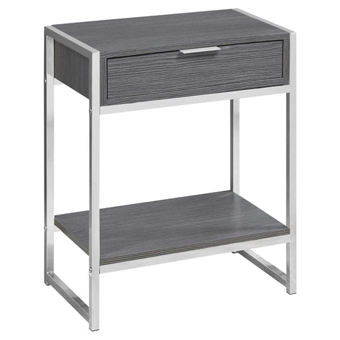 24" Silver And Gray Wood And Metal End Table With Drawer And Shelf