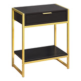 24" Gold And Dark Brown Wood And Metal End Table With Drawer And Shelf
