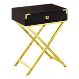 24" Gold And Dark Brown Wood And Metal End Table With Drawer