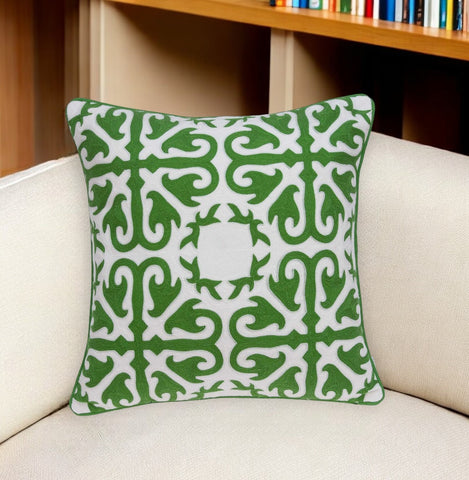 20" Green And White Stencil Cotton Throw Pillow