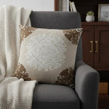 20" Beige Damask Cotton Throw Pillow