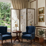 63" Brown Fabric and Wood Folding Three Panel Screen Room Divider