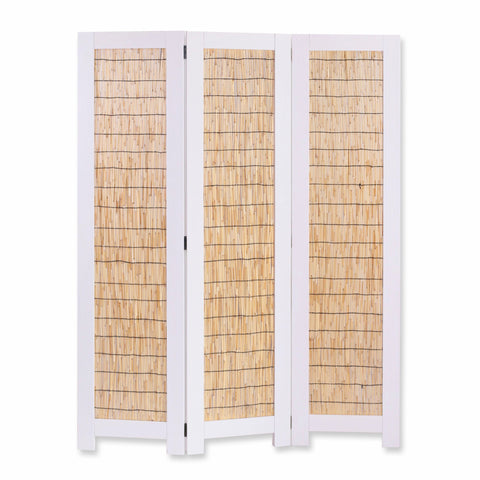 67" Natural And White Wood Folding Three Panel Screen Room Divider