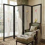 63" Black and White Fabric Folding Four Panel Screen Room Divider