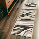 7' Beige Ivory And Black Wool Abstract Hand Tufted Runner Rug