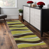 8' Lime Green Brown And Blue Wool Abstract Hand Tufted Runner Rug