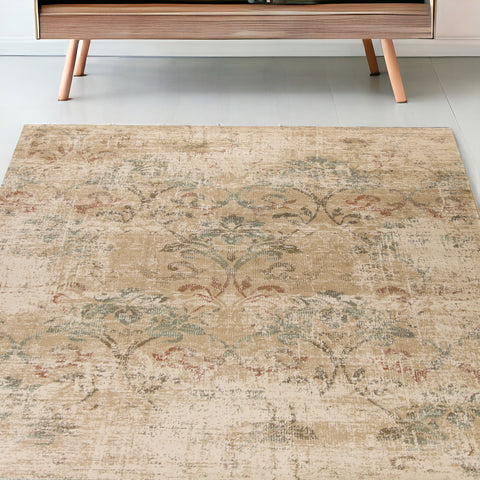 5' X 8' Champagne And Beige Damask Area Rug