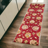 7' Red Ivory And Brown Wool Floral Hand Tufted Runner Rug