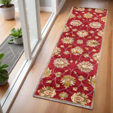 7' Red Ivory And Brown Wool Floral Hand Tufted Runner Rug