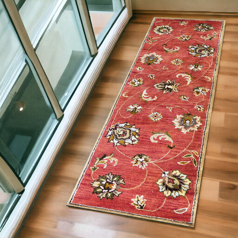 7' Sienna Gold And Green Wool Floral Vines Hand Tufted Runner Rug