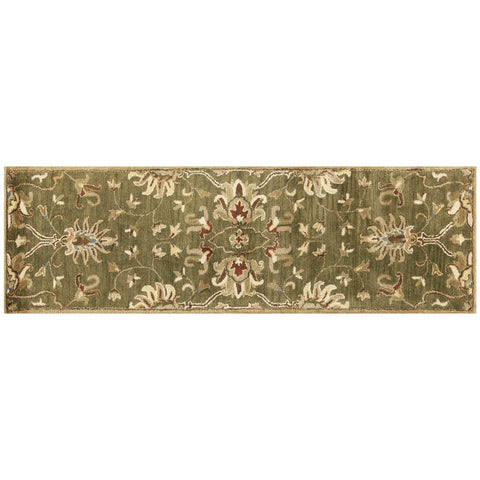 7' Green Red And Ivory Wool Floral Medallion Hand Tufted Runner Rug