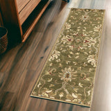 7' Green Red And Ivory Wool Floral Medallion Hand Tufted Runner Rug