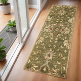 7' Green Red And Ivory Wool Floral Medallion Hand Tufted Runner Rug