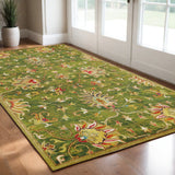 3' X 5' Green Red And Ivory New Zealand Lambs Wool Floral Medallion Hand Tufted Area Rug