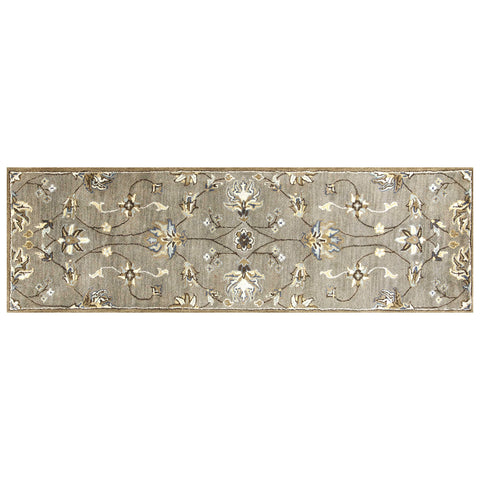 7' Gray Ivory And Brown New Zealand Lambs Wool Floral Hand Tufted Runner Rug