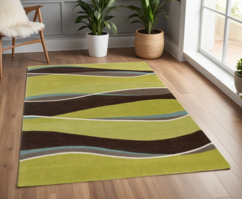 3' X 5' Lime Green Brown And Blue Wool Abstract Hand Tufted Area Rug
