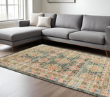5' X 7' Brick Red Green And Brown Jute Southwestern Hand Woven Distressed Area Rug