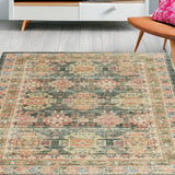 5' X 7' Brick Red Green And Brown Jute Southwestern Hand Woven Distressed Area Rug