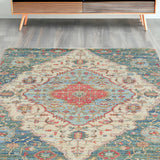 5' X 7' Blue Beige And Brick Red Jute Medallion Hand Woven Distressed Area Rug