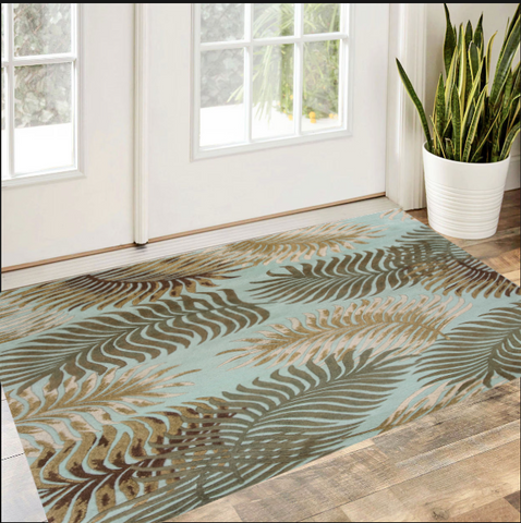 3' X 5' Aqua And Brown Wool Botanical Leaves Hand Tufted Area Rug