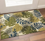 3' X 5' Ivory Green And Blue Wool Botanical Leaves Hand Tufted Area Rug