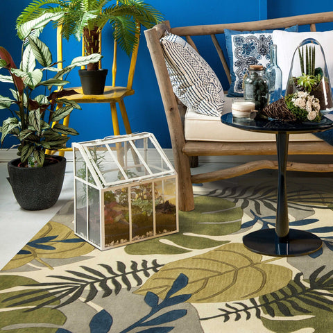 3' X 5' Ivory Green And Blue Wool Botanical Leaves Hand Tufted Area Rug