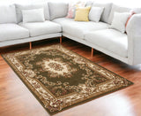 5' X 8' Green And Ivory Floral Medallion Area Rug