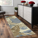 8' Ivory Blue And Brown Wool Tropical Botanical Hand Tufted Runner Rug