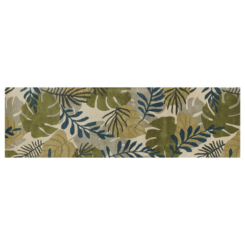 8' Ivory Green And Blue Wool Botanical Leaves Hand Tufted Runner Rug