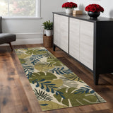 8' Ivory Green And Blue Wool Botanical Leaves Hand Tufted Runner Rug