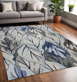 5' X 8' Gray And Navy Blue Botanical Leaves Area Rug