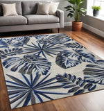 5' X 8' Gray And Blue Botanical Leaves Area Rug