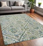 5' X 8' Green Ivory And Teal Medallion Area Rug