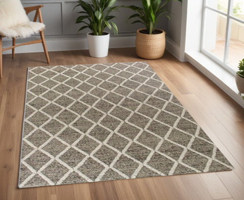 3' X 5' Dark Gray And Ivory New Zealand Lambs Wool Diamond Hand Woven Area Rug