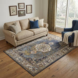 5' X 8' Navy Blue Gold And Ivory Medallion Area Rug