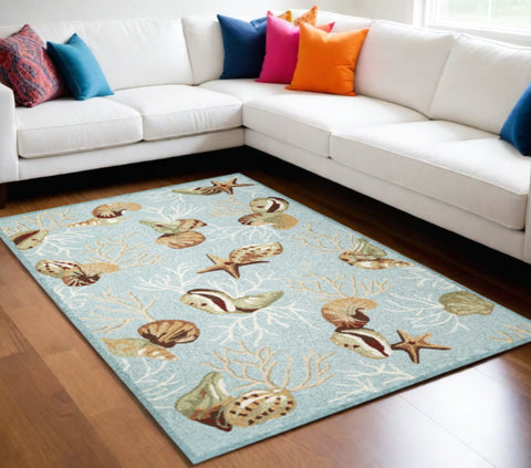 5' X 7' Blue And Beige Seashell and Coral Hand Hooked Area Rug