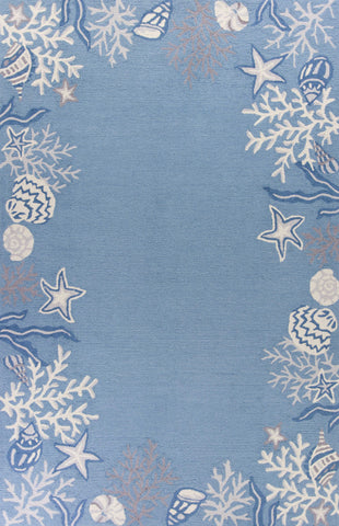 5' X 8' Sea Blue Hand Hooked Bordered Coral Reef Indoor Area Rug