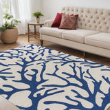 5' X 7' Ivory And Blue Coral Hand Hooked Area Rug