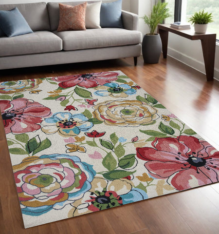 5' X 8' Sand Beige And Red Floral Hand Hooked Area Rug