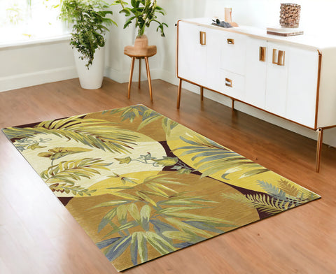 4' X 6' Coral Green And Ivory Wool Tropical Botanical Hand Tufted Area Rug