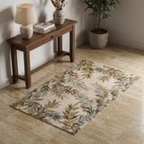3' X 5' Ivory Brown And Blue Wool Botanical Leaves Hand Tufted Area Rug