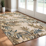 3' X 5' Ivory Brown And Blue Wool Botanical Leaves Hand Tufted Area Rug