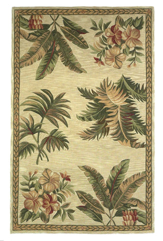 4' X 6' Ivory Green And Brown Genuine Wool Tropical Botanical Hand Tufted Area Rug