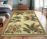 4' X 6' Ivory Green And Brown Genuine Wool Tropical Botanical Hand Tufted Area Rug