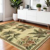 4' X 6' Ivory Green And Brown Genuine Wool Tropical Botanical Hand Tufted Area Rug