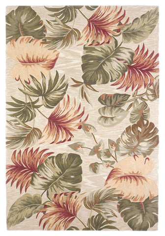 3' X 5' Beige Green And Pink Wool Botanical Leaves Hand Tufted Area Rug