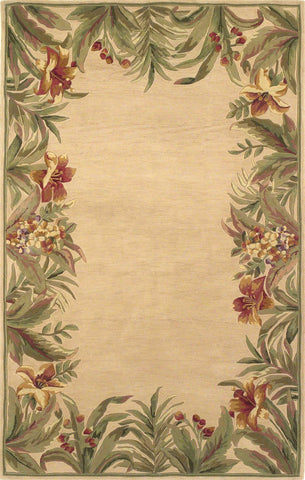 4' X 6' Beige Red And Green Wool Tropical Floral Hand Tufted Area Rug